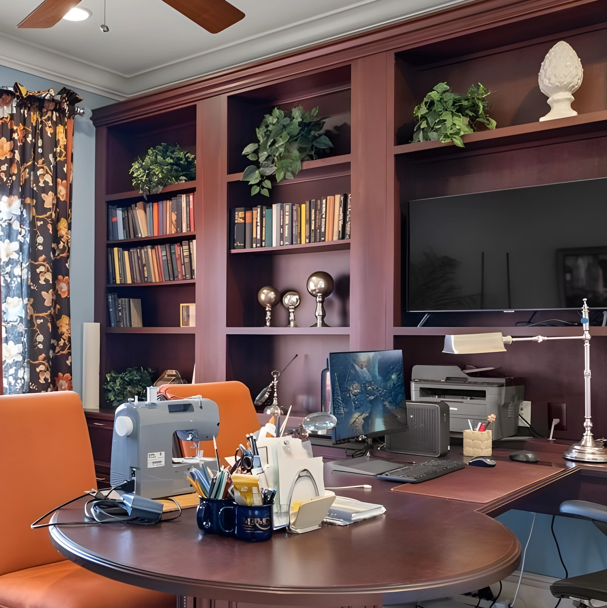 A wall of wood built-in shelves with a desk in the 4th bedroom office